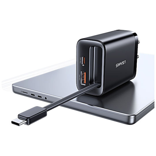 Usams Ladegerät mit integriertem Kabel GaN mit USB-A Anschluss und USB-C Anschluss USB-C 30W Stromlieferung Schwarzs (CC296)