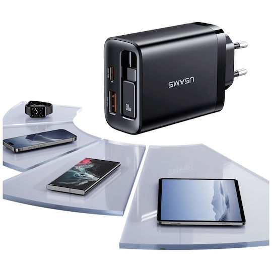 Usams Ladegerät mit integriertem Kabel GaN mit USB-A Anschluss und USB-C Anschluss USB-C 30W Stromlieferung Schwarzs (CC296)
