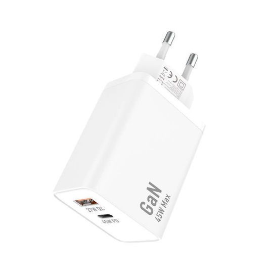iNOS Charger Without Cable GaN with USB-A Port and USB-C Port 45W Power Delivery / Quick Charge 3.0 Whites (A116)