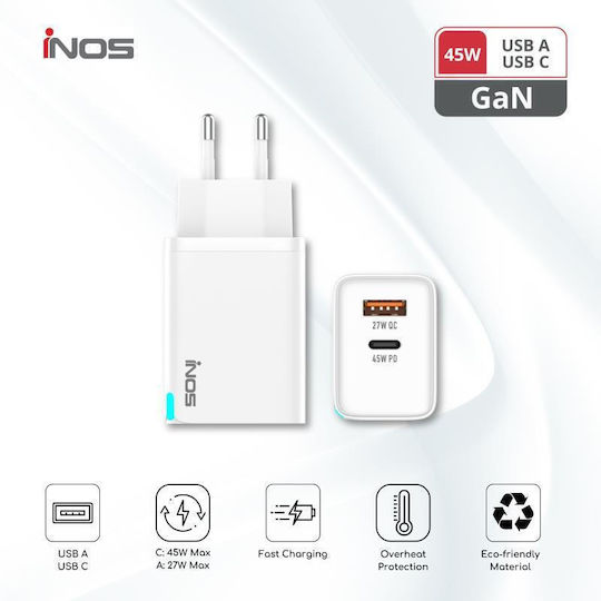 iNOS Charger Without Cable GaN with USB-A Port and USB-C Port 45W Power Delivery / Quick Charge 3.0 Whites (A116)