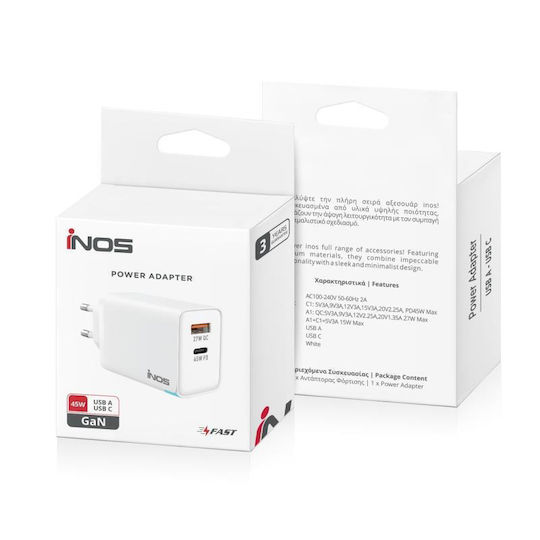 iNOS Charger Without Cable GaN with USB-A Port and USB-C Port 45W Power Delivery / Quick Charge 3.0 Whites (A116)