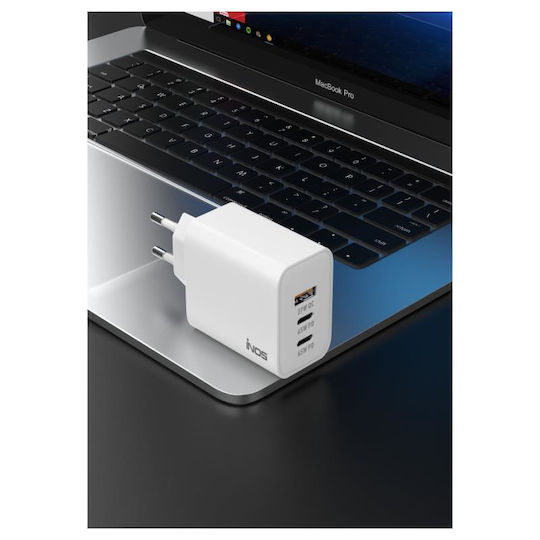 iNOS Charger Without Cable GaN with USB-A Port and 2 USB-C Ports 65W Power Delivery / Quick Charge 3.0 Whites (A112)