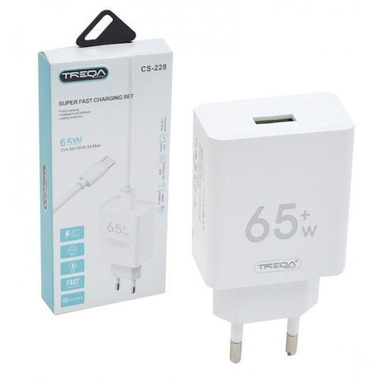 Treqa Ladegerät mit USB-C Anschluss und Kabel USB-C - USB-C 65W Stromlieferung Weißs (CS-228)