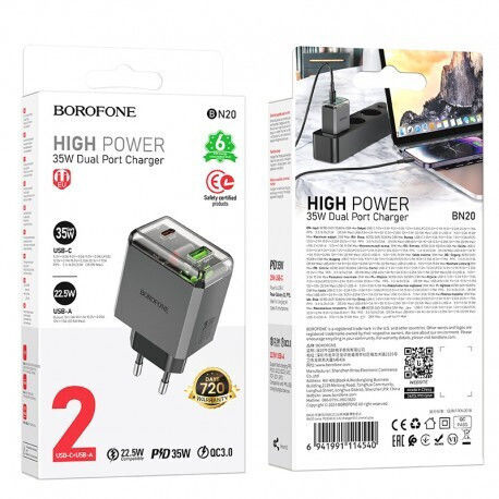 Borofone Charger Without Cable with USB-A Port and USB-C Port 35W Power Delivery / Quick Charge 3.0 Gray (BN20 Lena)