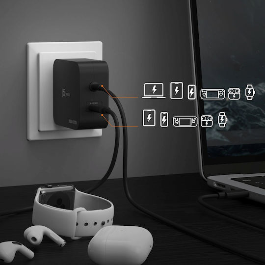 J5create Charger with Built-in Cable GaN with USB-C Port USB-C 102W Power Delivery Blacks (JUP25102V-N)
