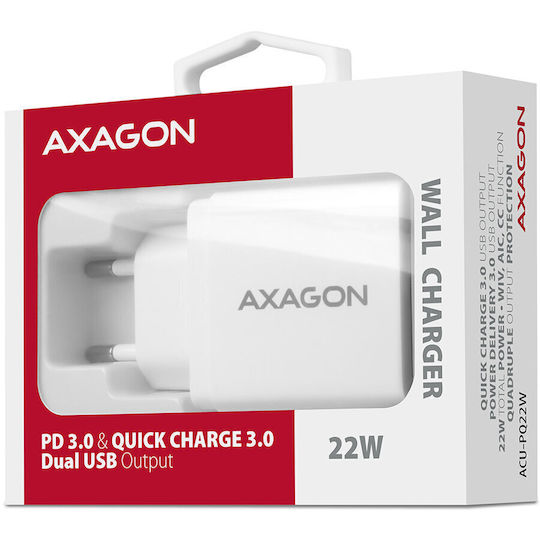 Axagon Φορτιστής Χωρίς Καλώδιο με Θύρα USB-A και Θύρα USB-C Quick Charge 3.0 Λευκός (ACU-PQ22W)