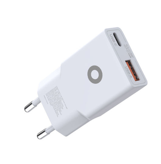 Mobile Origin Φορτιστής Χωρίς Καλώδιο GaN με Θύρα USB-A και Θύρα USB-C 30W Power Delivery Λευκός (MO16)