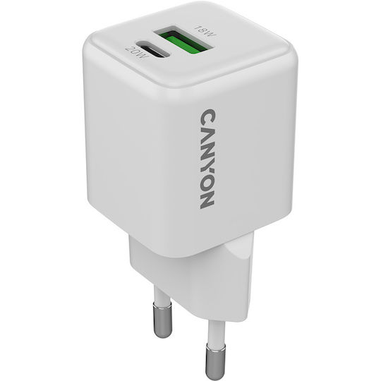 Canyon GaN Kabelloser Handyladegerät mit USB-A und USB-C Ausgangsanschlüsse 20W Stromlieferung / Schnellladetechnologie Weiß