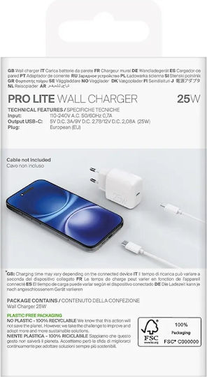 Puro Φορτιστής Χωρίς Καλώδιο με Θύρα USB-C 25W Power Delivery Λευκός (Prolite)