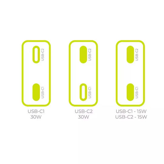Mobile Origin Φορτιστής Χωρίς Καλώδιο GaN με 2 Θύρες USB-C 30W Power Delivery Λευκός (MO18)