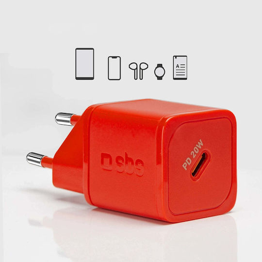 SBS Φορτιστής Χωρίς Καλώδιο GaN με Θύρα USB-C 20W Power Delivery Κόκκινος (TRGAN1C20R)