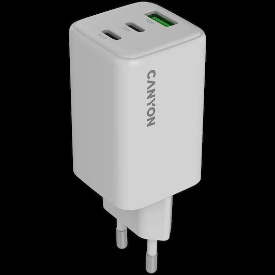 Canyon GaN Wireless Charger with USB-A Port and 2 USB-C Output Ports 65W Power Delivery White