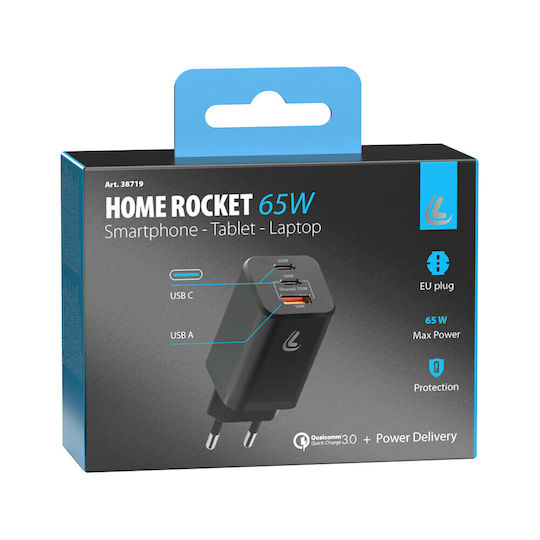 Lampa Charger Without Cable with USB-A Port and 2 USB-C Ports 65W Power Delivery / Quick Charge 3.0 Blacks (Home Rocket)