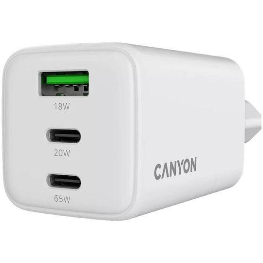 Canyon GaN Wireless Charger with USB-A Port and 2 USB-C Output Ports 65W Power Delivery White