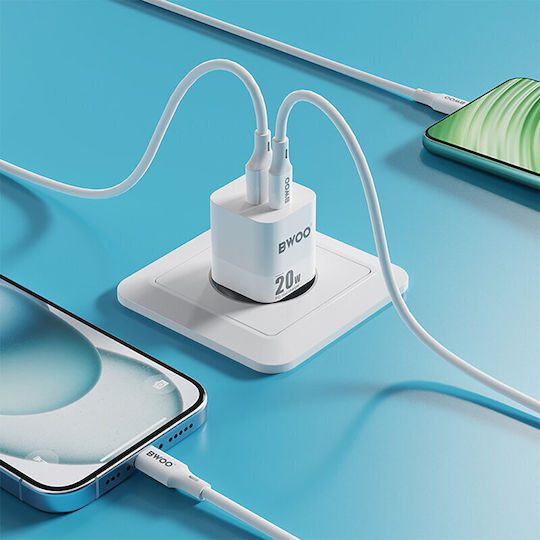 BWOO Зарядно без кабел GaN (Галуниев нитрид) с USB-A порт и USB-C порт 20W Доставка на енергия / Бързо зареждане 3.0 Бял (CDA156)