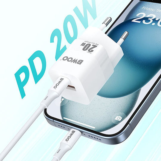 BWOO Зарядно без кабел GaN (Галуниев нитрид) с USB-A порт и USB-C порт 20W Доставка на енергия / Бързо зареждане 3.0 Бял (CDA156)