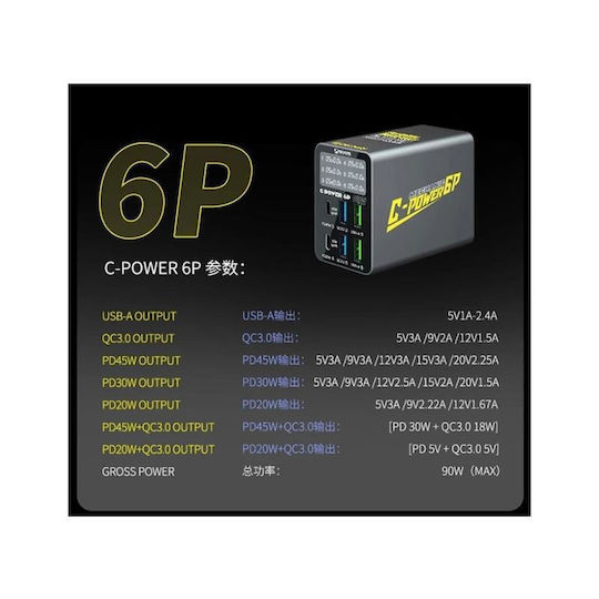 Mechanic Βάση Φόρτισης με 4 Θύρες USB-A και 2 Θύρες USB-C 90W Power Delivery / Quick Charge 3.0 σε Μαύρο χρώμα (C-Power 6P)