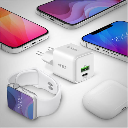 Yenkee Charger Without Cable GaN with USB-A Port and USB-C Port 38W Power Delivery / Quick Charge 4.0 Whites (YAC G38)