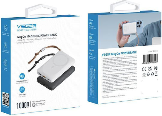 Veger MagOn Magnetic Wireless MagSafe Power Bank 10000mAh 20W cu Port USB-A și Port USB-C Livrarea energiei / Quick Charge 3.0 Gri