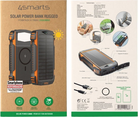 4Smarts Rugged Titanpack Ultimag Ηλιακό MagSafe Power Bank 20000mAh 15W με Θύρα USB-A και Θύρα USB-C Power Delivery / Quick Charge 3.0 Black/Orange