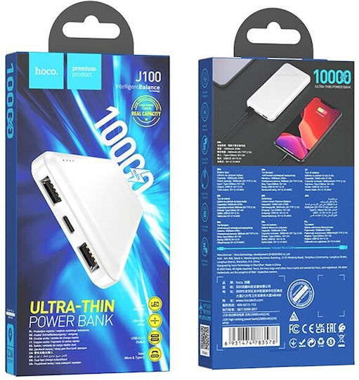 Hoco J100 Power Bank 10000mAh cu 2 Porturi USB-A Alb