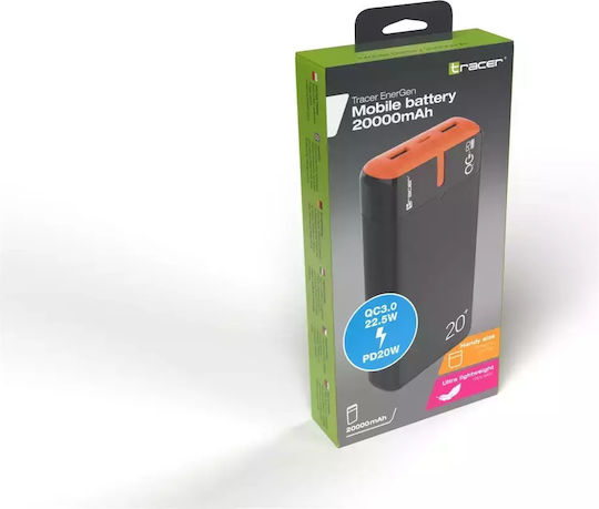 Tracer EnerGen Power Bank 20000mAh 22.5W με 2 Θύρες USB-A και Θύρα USB-C Power Delivery / Quick Charge 3.0 Black Orange