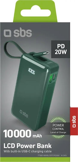 SBS Power Bank 10000mAh 22.5W με Θύρα USB-A και Θύρα USB-C Power Delivery Πράσινο