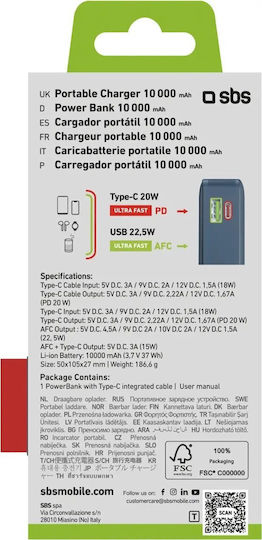 SBS Power Bank 10000mAh 22.5W με Θύρα USB-A και Θύρα USB-C Power Delivery Μπλε