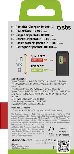 SBS Power Bank 10000mAh 22.5W με Θύρα USB-A και Θύρα USB-C Power Delivery Μαύρο