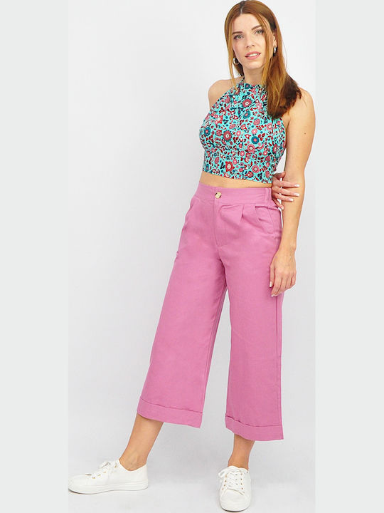 Damen Stoff Capri Hose mit Gummiband in Gerader Bein Stil Rosa