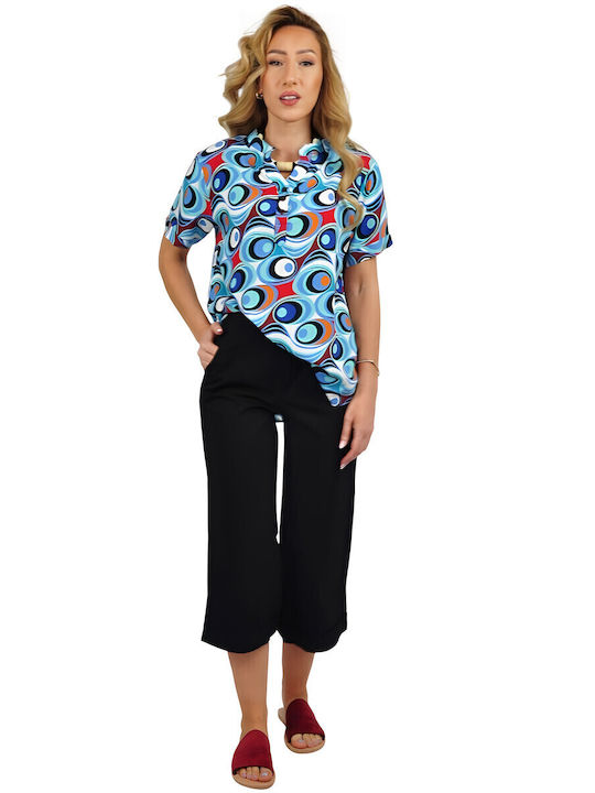 Damen Stoff Capri Hose mit Gummizug in Geradem Schnitt Black