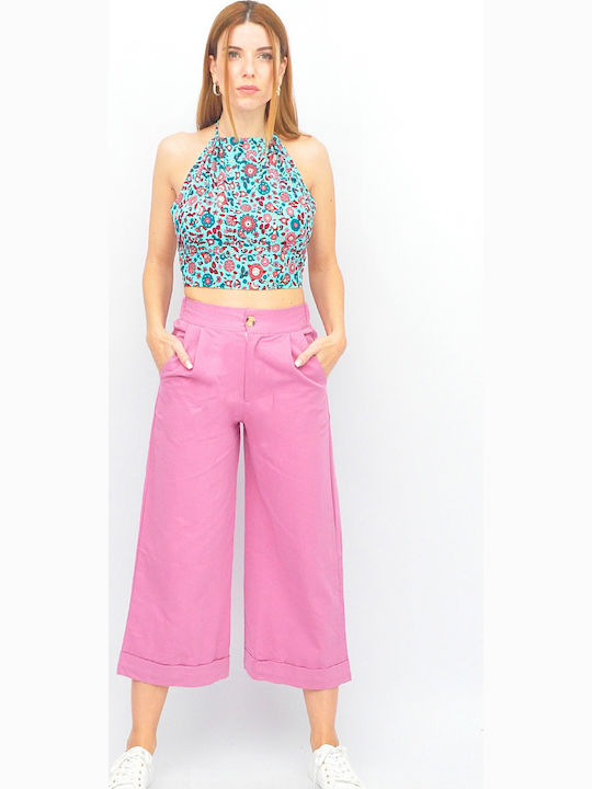 Damen Stoff Capri Hose mit Gummiband in Gerader Bein Stil Rosa