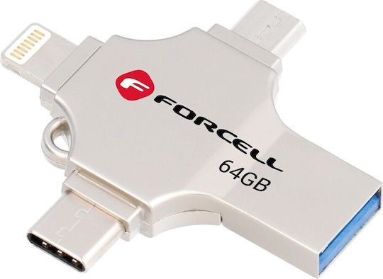 Forcell 64GB USB 3.2 Stick με σύνδεση Lightning,USB-A & USB-C Ασημί
