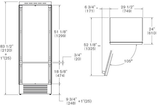 Bertazzoni Eingebauter Kühl-Gefrierkombination 440Es Total NoFrost H212xB74.9xT61cm. Weiß REF755BBLPTT/24