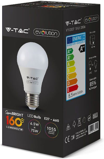 V-TAC Λάμπα LED 6.5W για Ντουί E27 και Σχήμα A60 Φυσικό Λευκό 160lm