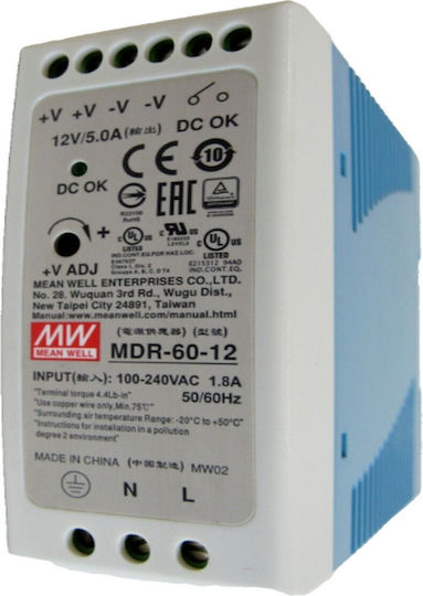 Mean Well MDR60-12 DIN Rail Power Supply 5A/12V/60W