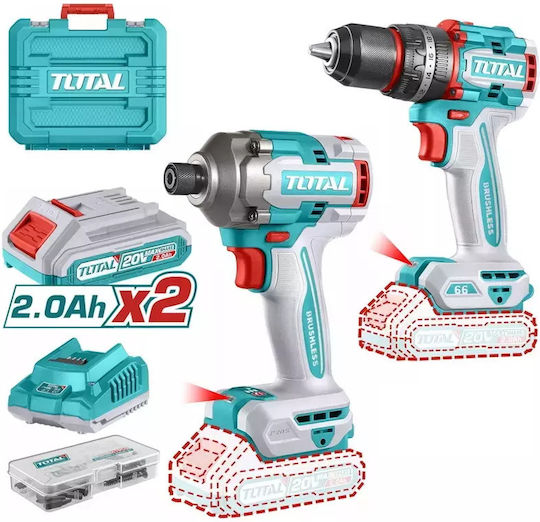 Total Set Impact Drill Driver & Impact Screwdriver Brushless 20V with 2 Batteries 2Ah and Case