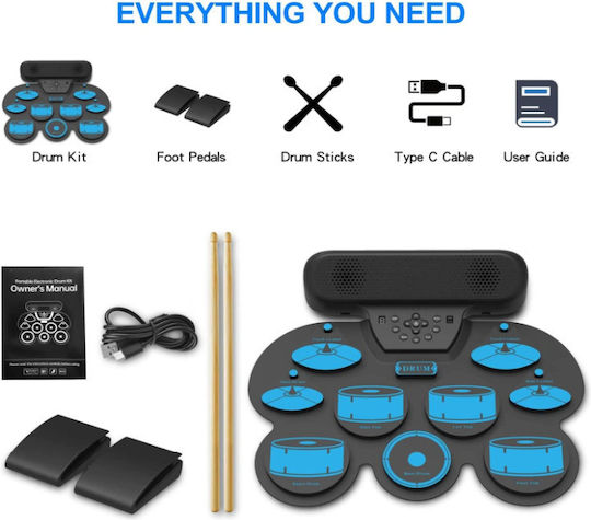 Roza Wg101 Παιδικό Ηλεκτρονικό Σετ Τυμπάνων 9 Pads Usb Midi Ηχεία & Πεντάλ – Μπλε