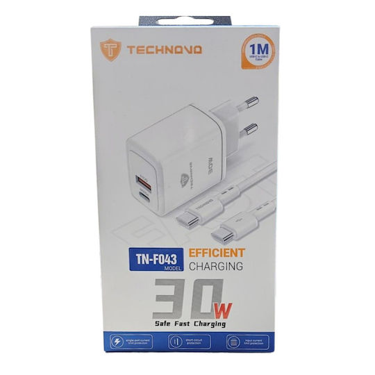 Technovo Charger with USB-A Port and USB-C Port and Cable USB-C - USB-C 30W Whites (TN-F043)