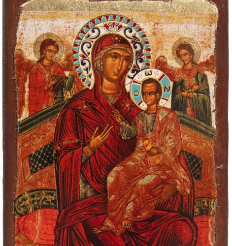 Virgin Mary Pantanassa Engraved Wooden Aged Icon Canvas Gold Background Authentic Product of Vatopedi Monastery Holy Great Monastery Vatopedi 030406000003 15 X 8 Cm