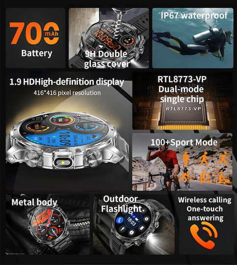 Microwear AK75 Smartwatch cu Pulsometru (Black Steel)