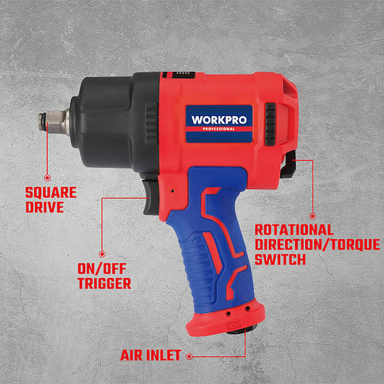 WorkPro WP510003 Air Impact Wrench 1/2 Square Drive with Maximum Torque 159.07kgm