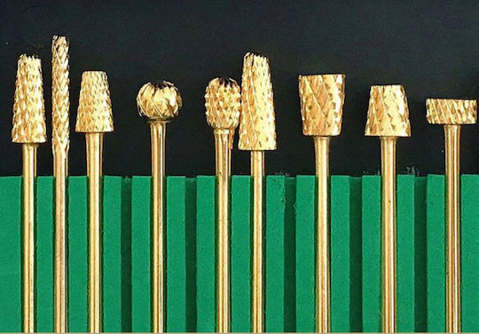 Set of 12 Gold Tungsten Carbide Nail Drill Bits of Exceptional Durability