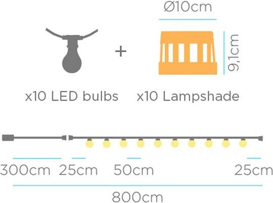 Aurora Garden Garland Light Solar LED 10x0.2w 2700k 350lm Ip44 Rechargeable Rattan
