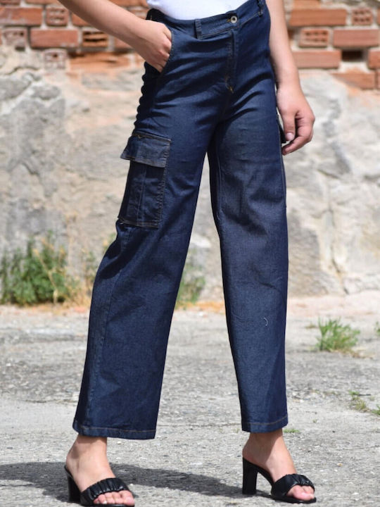 Women's High-waisted Fabric Cargo Trousers Straight Line Blue