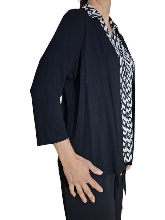 Viskose Lycra Trükkärmeln Offene Strickjacke Schwarz
