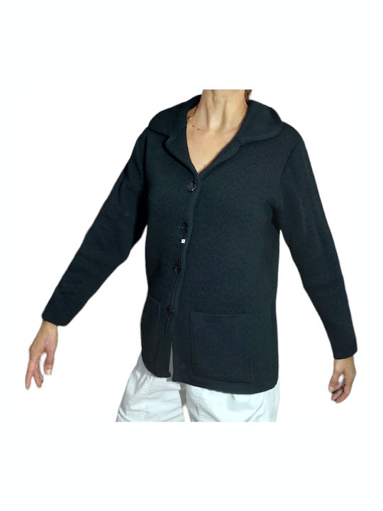 Women's Knitted Cardigan 50% Wool 50% Dralon Lapel Collar Thick Suncity Black