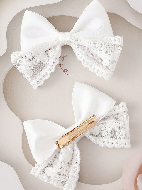 TakTakBaby Lace Flower Set Kids Hair Clips with Rubber Band Multicolour Bow in White Colour 2 Pieces