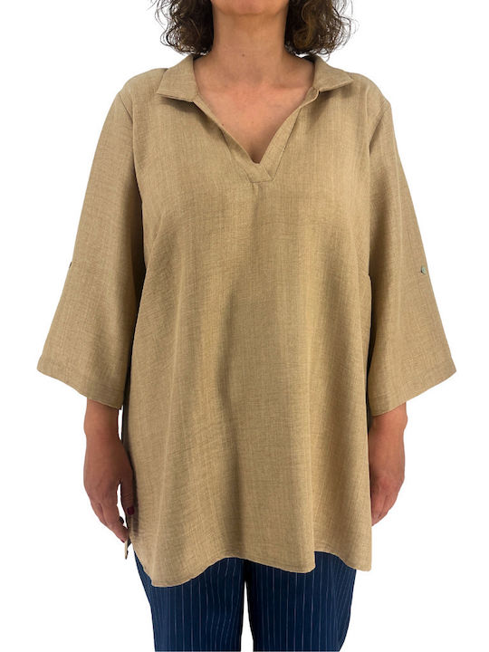 Damen Sommer Bluse Leinen mit 3/4 Ärmel Beige