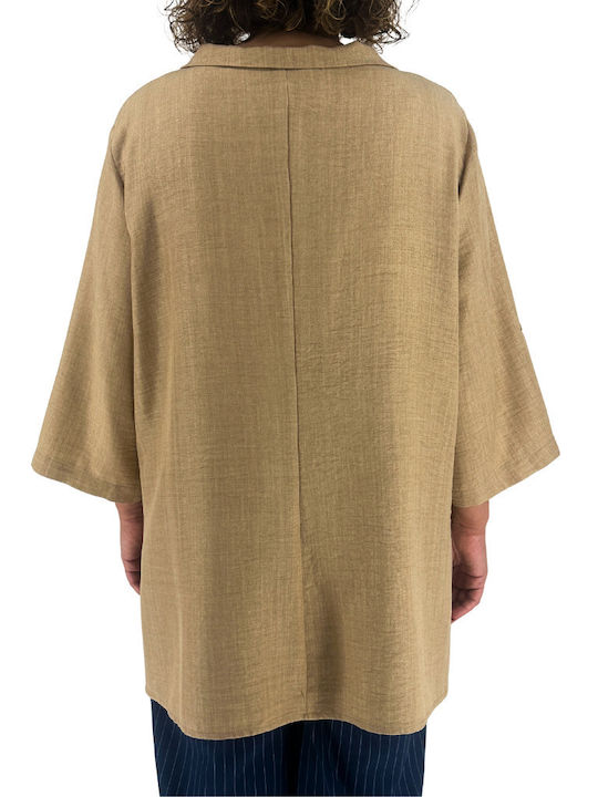 Damen Sommer Bluse Leinen mit 3/4 Ärmel Beige